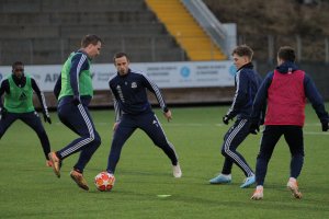 Sune Kiilerich, Dejan Corovic, Magnus Madsen og Kim Kvaalen (med ryggen til) på sesongens første trening 6. januar 2020. 